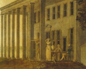 A View of Mount Vernon with the Washington Family on the Piazza, July 16, 1796, by Benjamin Henry Latrobe. 
